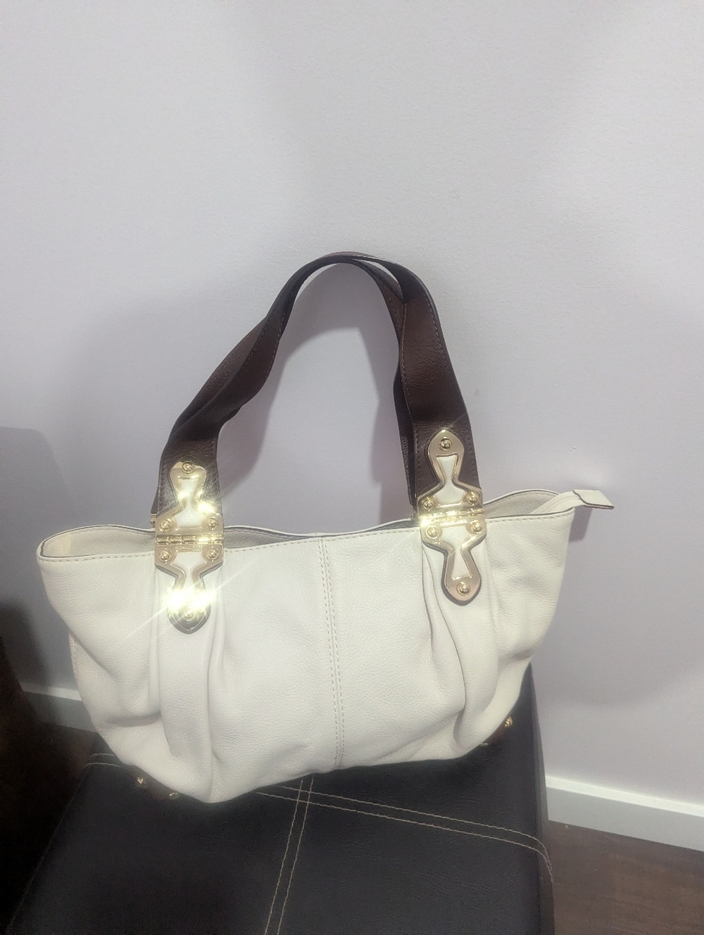 MK Women's White Leather Shoulder Bag with Dark Brown Handles
